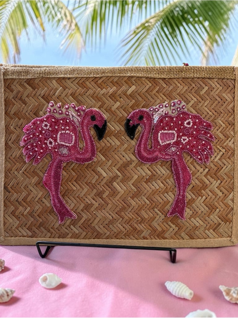NEW Ranee’s Miami Flamingo Beaded Straw Clutch Purse Natural Summer Handbag